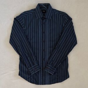 Guess Button Up Long Sleeved Collared Shirt in Navy & Royal Stripe Men's L